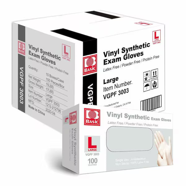 Basic Medical Disposable Vinyl Gloves Powder Free, Latex Free Clear 1000 count
