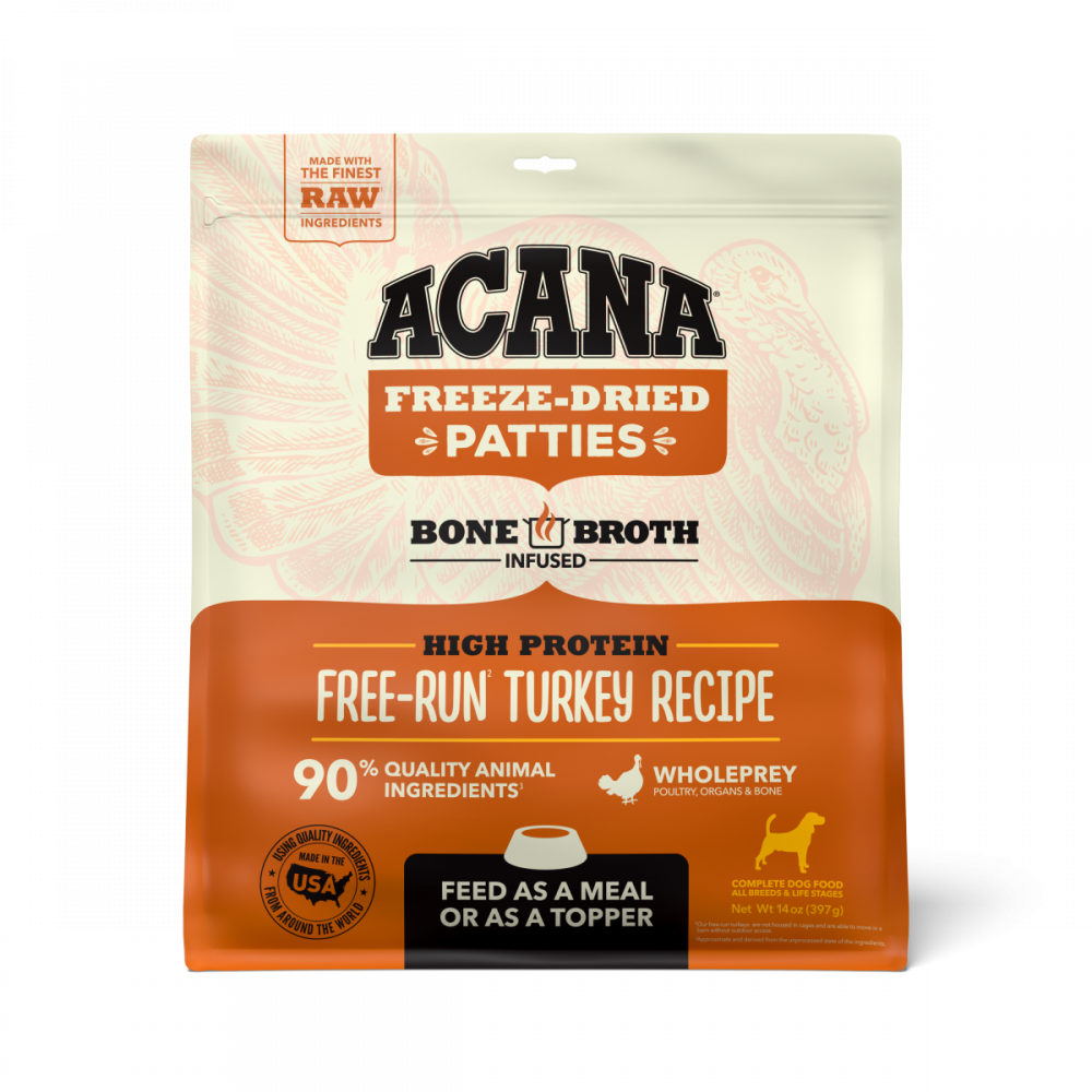 Acana Freeze Dried Dog Food & Topper, Grain Free, High Protein,  Fresh & Raw Animal Ingredients, Free-Run Turkey Recipe, Patties