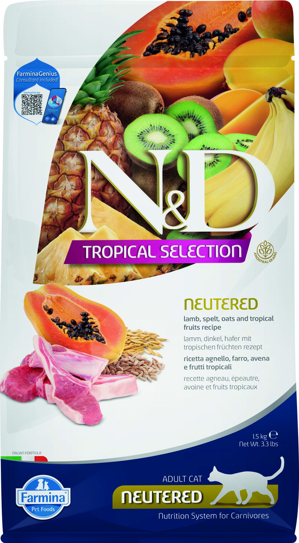 Farmina N&D Tropical Selection Feline Neutered  Lamb, Spelt, Oats and Tropical Fruits Feline Dry Cat Food