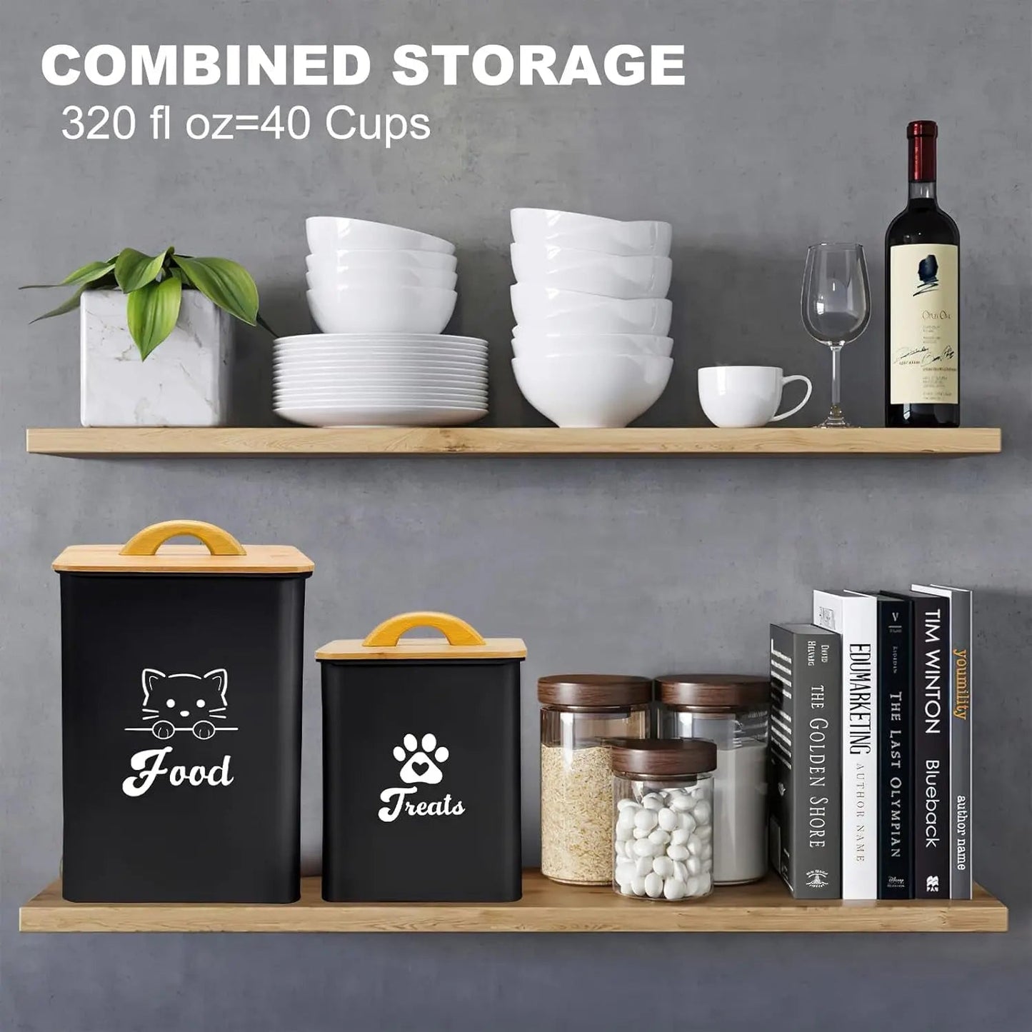 Airtight Cat Food Storage Containers with Scoop, 2-Piece Black Canister Set