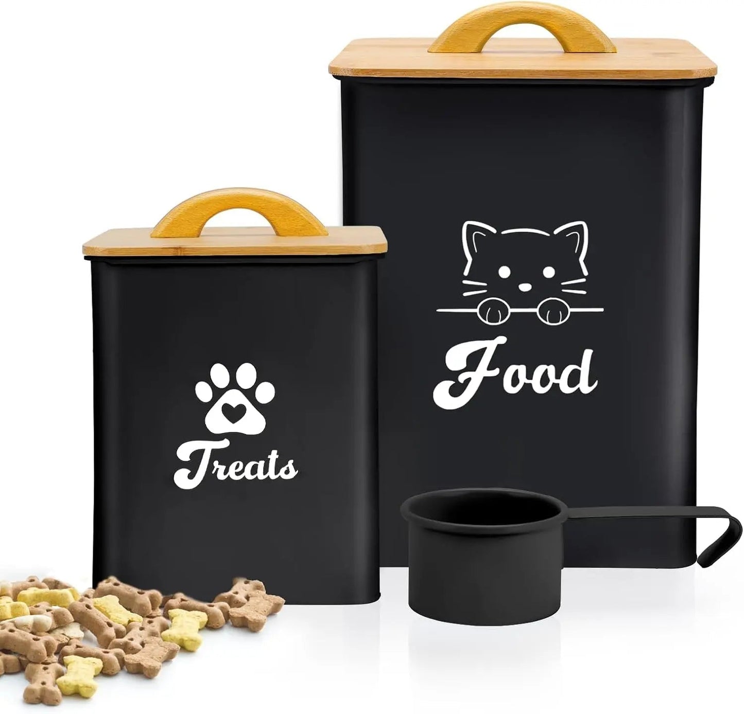 Airtight Cat Food Storage Containers with Scoop, 2-Piece Black Canister Set