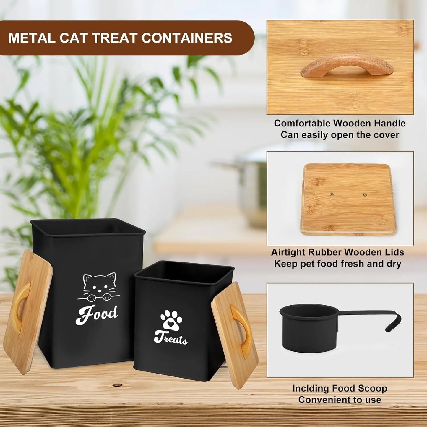 Airtight Cat Food Storage Containers with Scoop, 2-Piece Black Canister Set