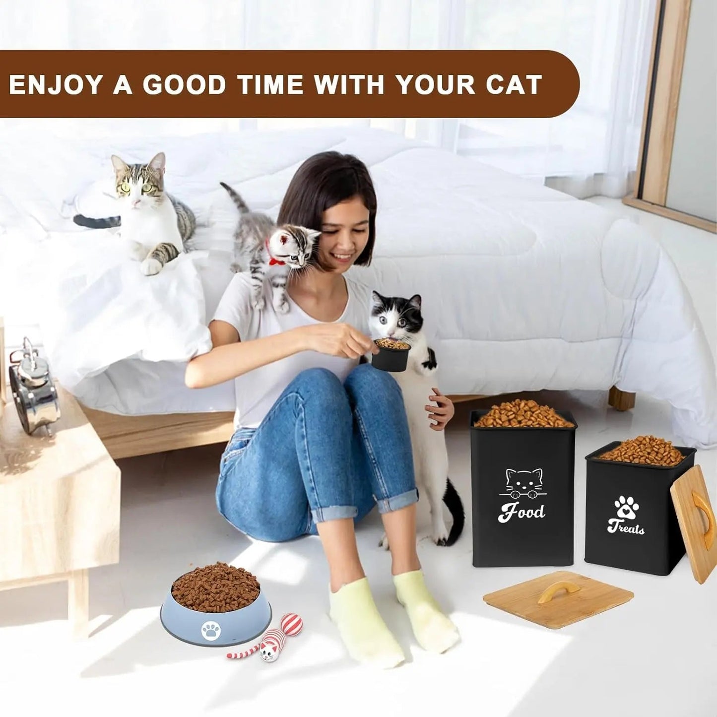 Airtight Cat Food Storage Containers with Scoop, 2-Piece Black Canister Set