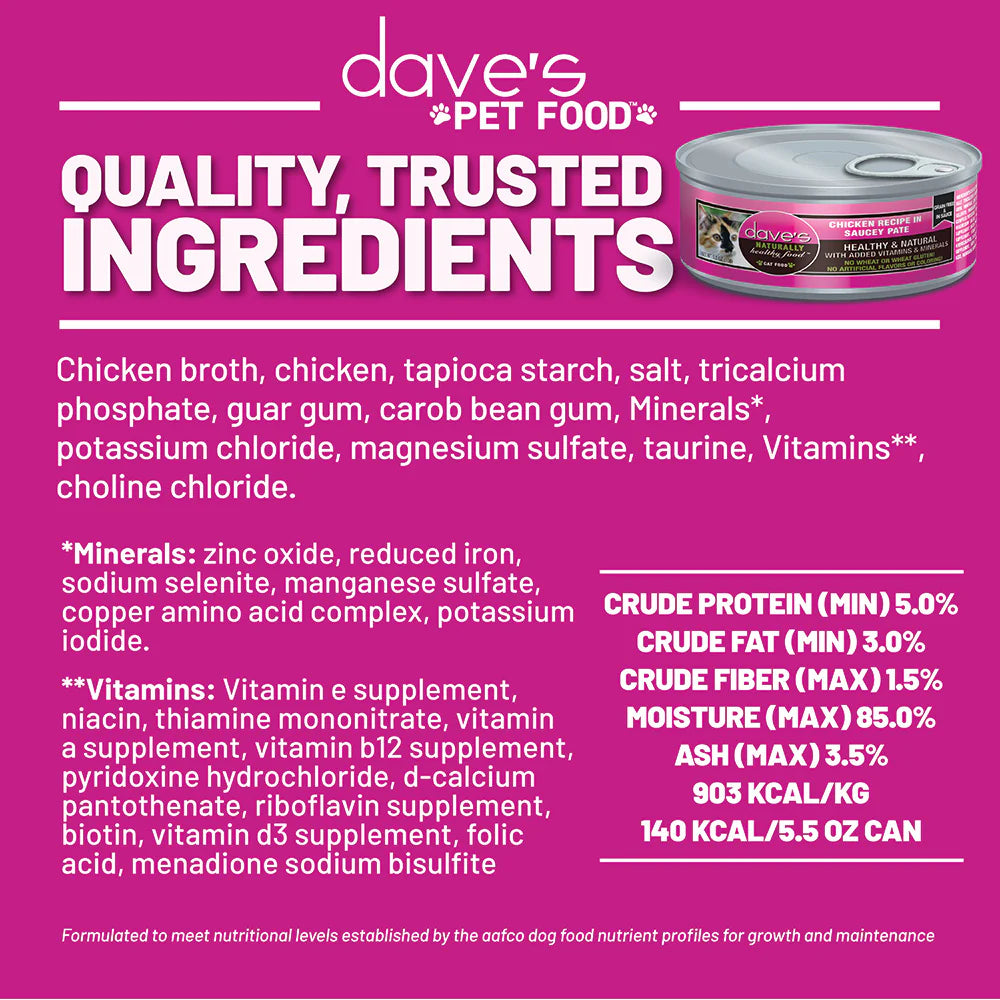 Dave's Chicken Recipe in Saucey Paté Wet Cat Food (5.5oz)