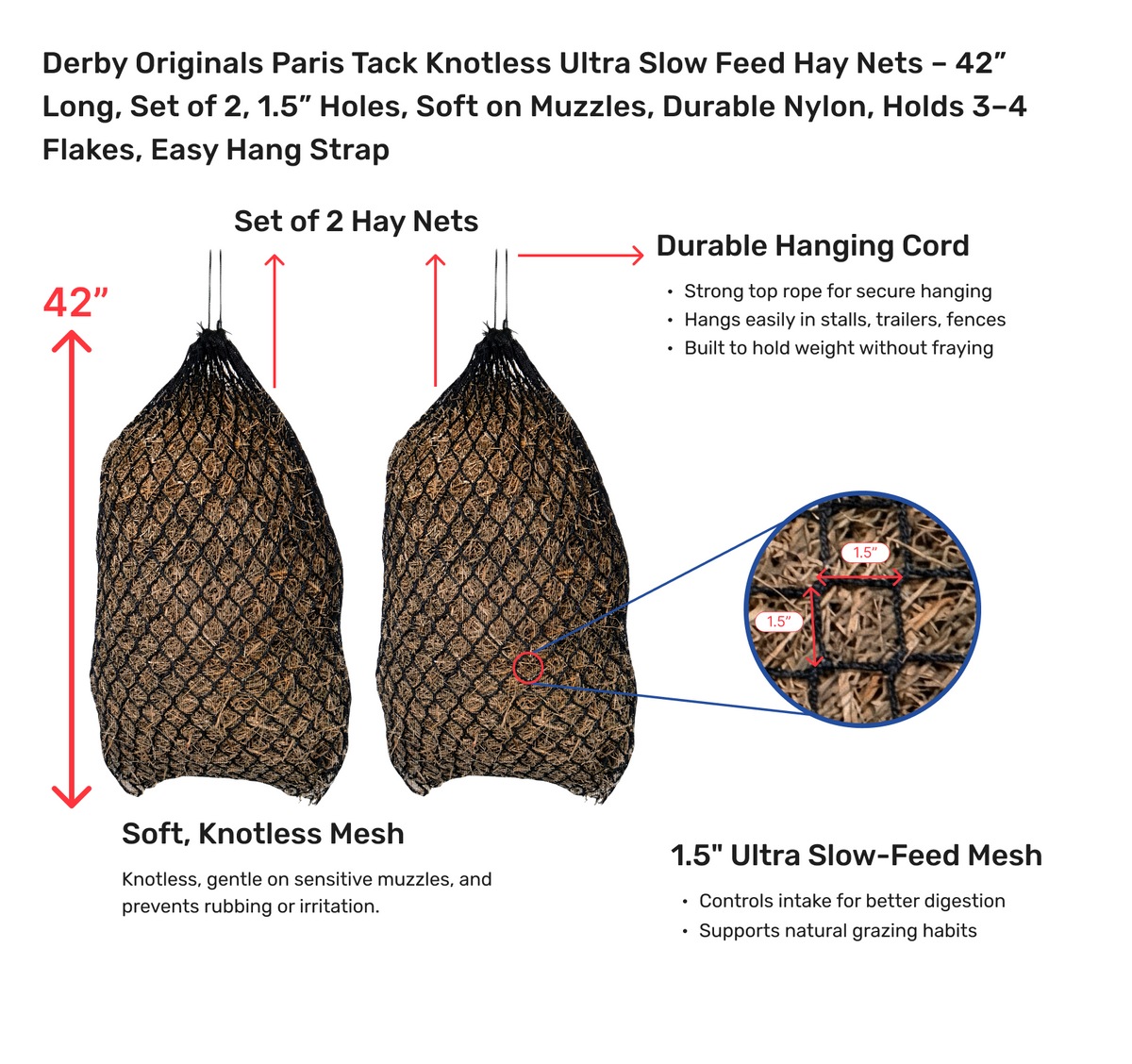 Paris Tack Knotless Ultra Slow Feed Hay Nets – 42” Long, Set of 2, 1.5” Holes, Soft on Muzzles, Durable Nylon, Holds 3–4 Flakes, Easy Hang Strap