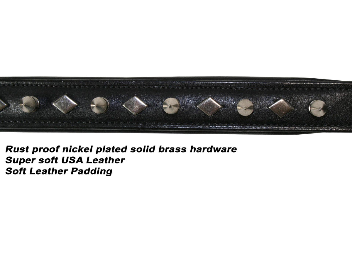 Derby Dog Designer Series USA Leather Spikes and Diamond Padded Dog Collar with Stainless Steel Rolled Buckle for Comfort