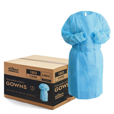 Disposable Isolation Gowns with Elastic Cuffs - Universal Size, Level 2, SMS, 180/Case - Blue