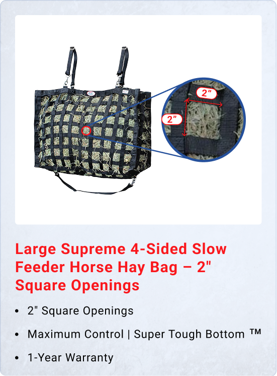 Derby Originals Superior 4-Sided Slow Feeder Horse Hay Bag, 2" Square Openings, Patented Design, Super Tough Bottom®, 1 Bale Capacity, 1-Year Warranty
