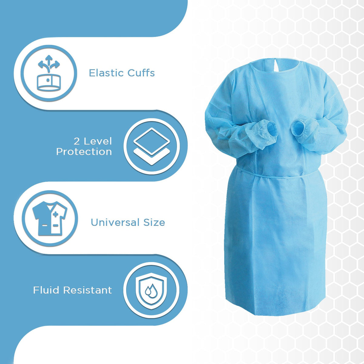 Disposable Isolation Gowns with Elastic Cuffs - Universal Size, Level 2, SMS, 180/Case - Blue