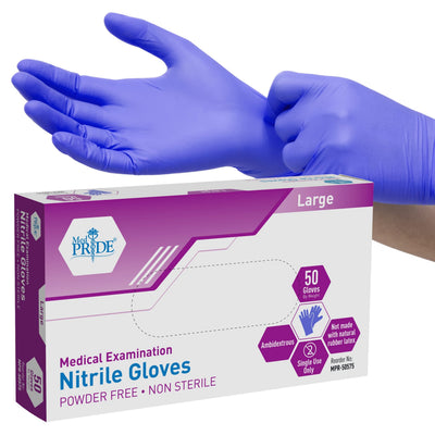 MedPride Nitrile Ice Blue Exam Gloves 4.6 Mil Thick Powder Free Non Sterile - 50 Gloves / Case of 20(1000 count)