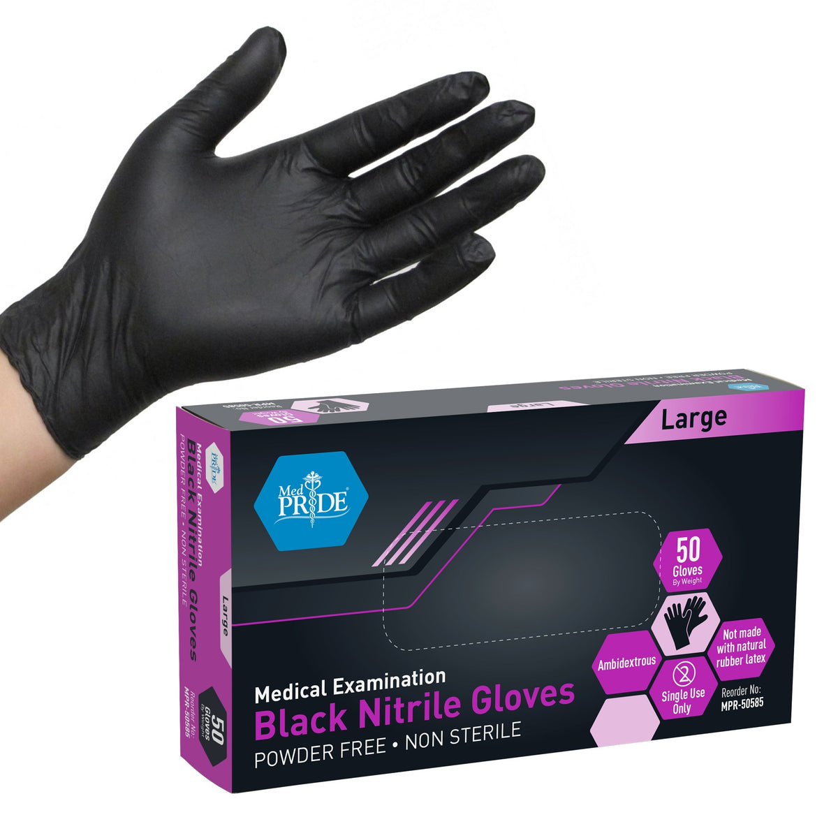MedPride Black Nitrile Exam Gloves Powder Free Non Sterile - 4 Mil Thick- 50 Gloves / Case of 20 (1000 count)