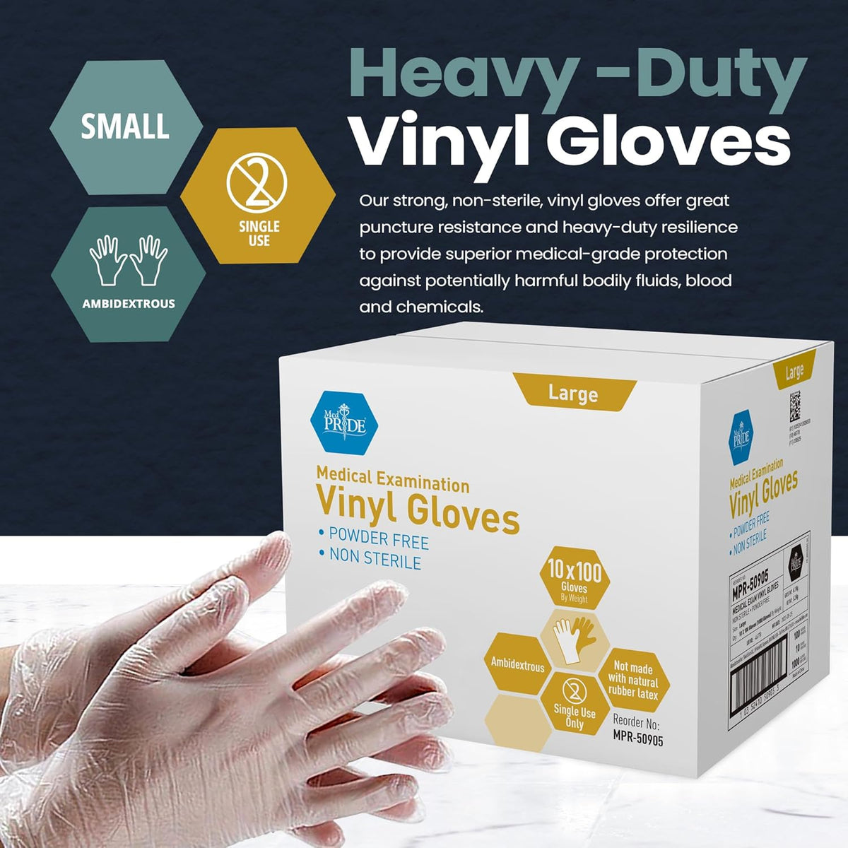 MedPride Vinyl Exam Gloves 4 Mil Thick Non-Sterile Powder Free - 100/box, Case of 10 (1000 count)