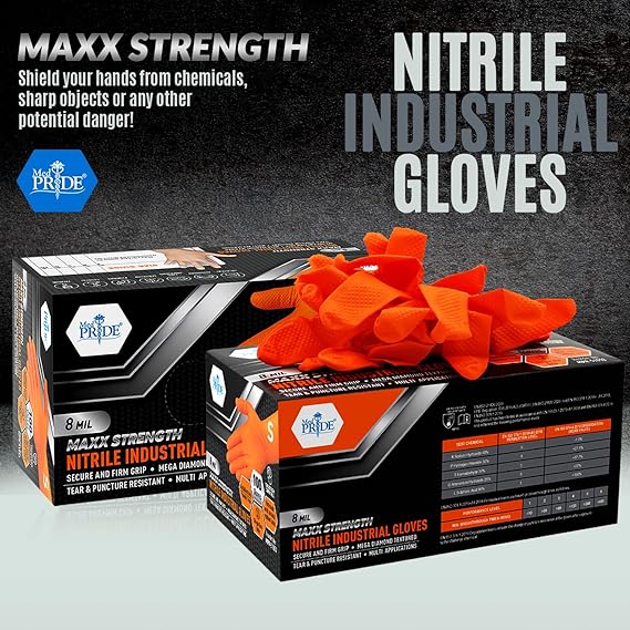 MedPride Maxx Strength Nitrile Industrial Orange Gloves, 8 Mil Thick - 100 Gloves / Case of 10 (1000 Count)
