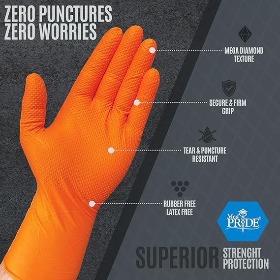 MedPride Maxx Strength Nitrile Industrial Orange Gloves, 8 Mil Thick - 100 Gloves / Case of 10 (1000 Count)