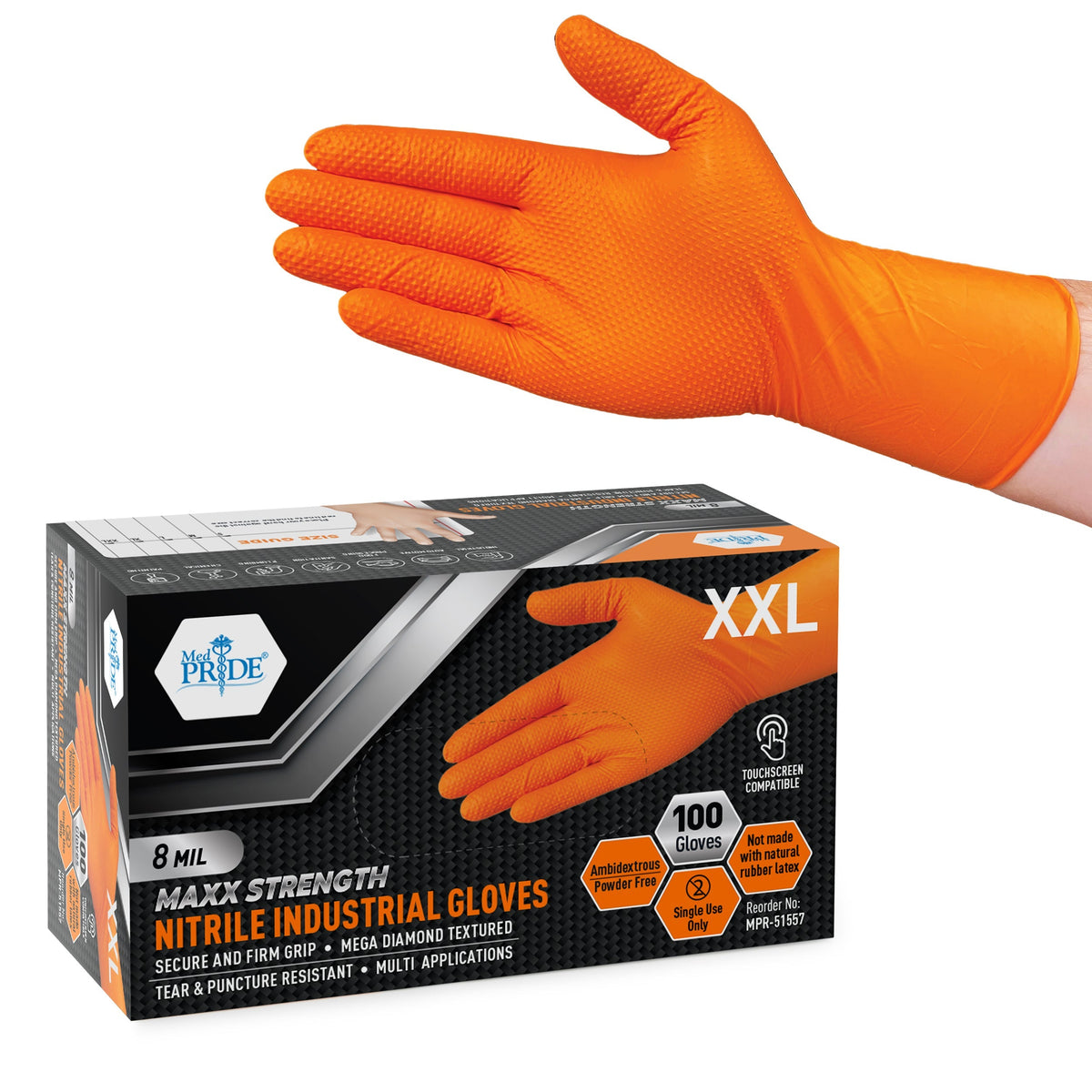 MedPride Maxx Strength Nitrile Industrial Orange Gloves, 8 Mil Thick - 100 Gloves / Case of 10 (1000 Count)