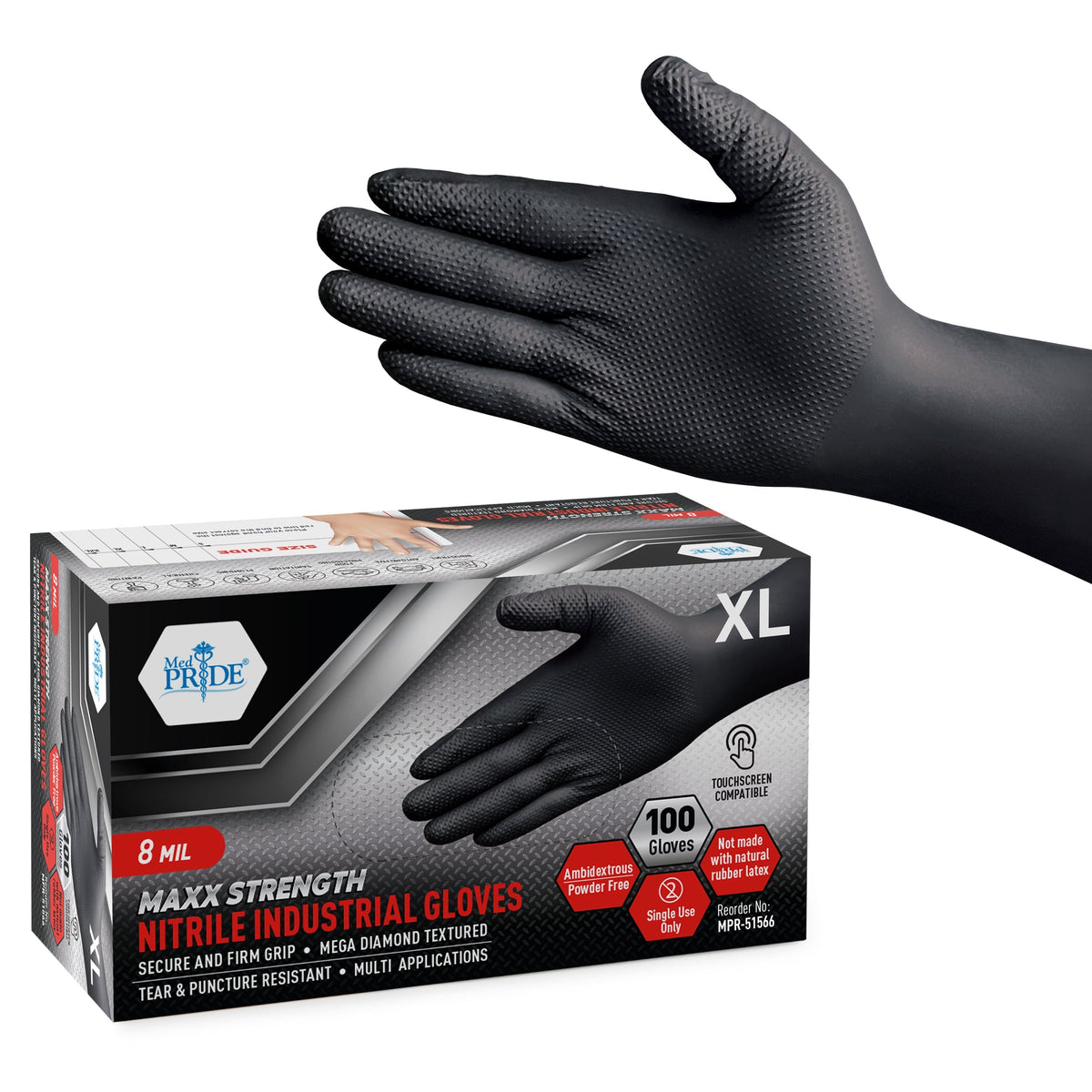 MedPride Maxx Strength Nitrile Industrial Black Gloves, 8 Mil Thick - 100 Gloves / Case of 10 (1000 count)