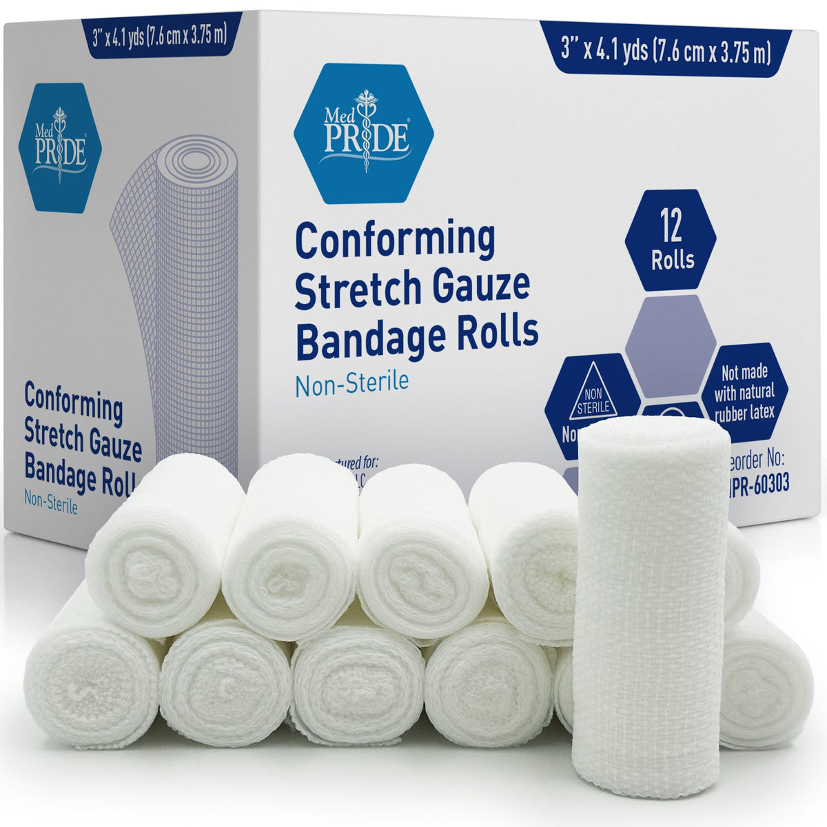 MedPride Conforming Stretch Gauze Bandage Roll -  Non-Sterile - 12 Rolls, Case of 8 (96 Count)