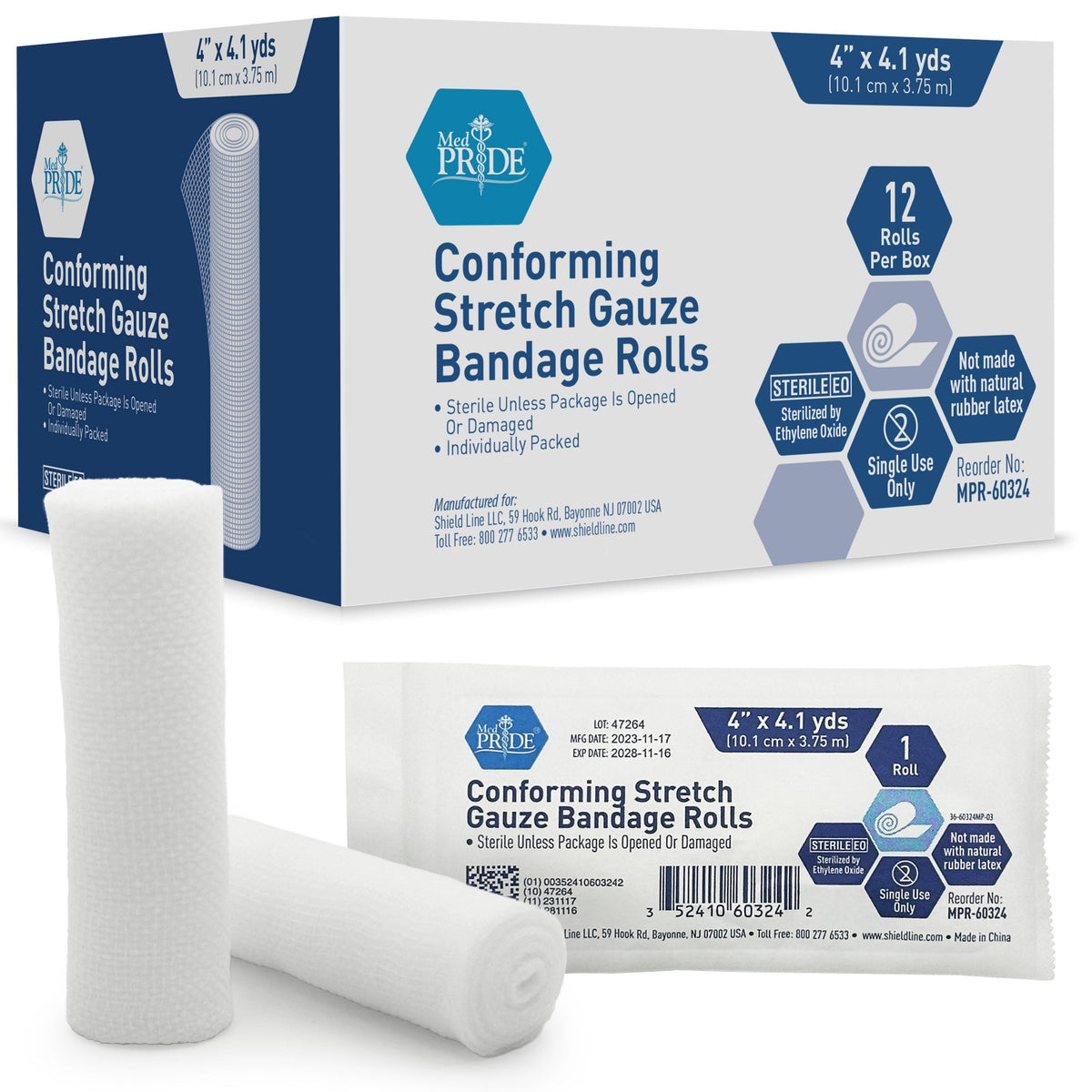 MedPride Conforming Stretch Gauze Bandage Roll, Sterile - 12 Rolls/Box, Case of 8 (96 Count)