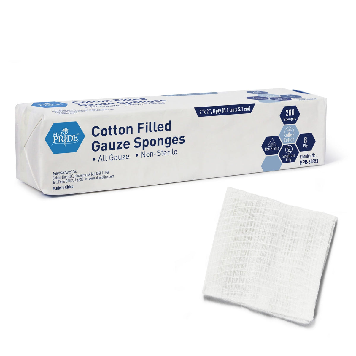 MedPride Non-Sterile Cotton Filled Gauze Sponges 2" x 2", 8Ply - 200/Box, Case of 25 (5000 Count)