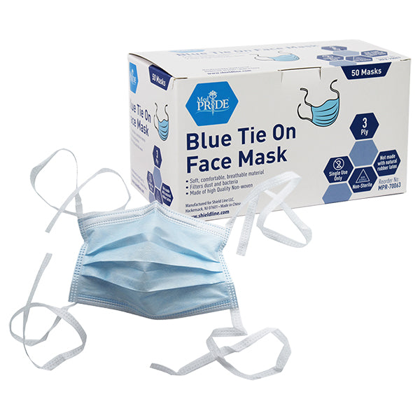 MedPride Blue Tie On Face Mask, 3-Ply 50/Box, Case of 12 (600 Count)