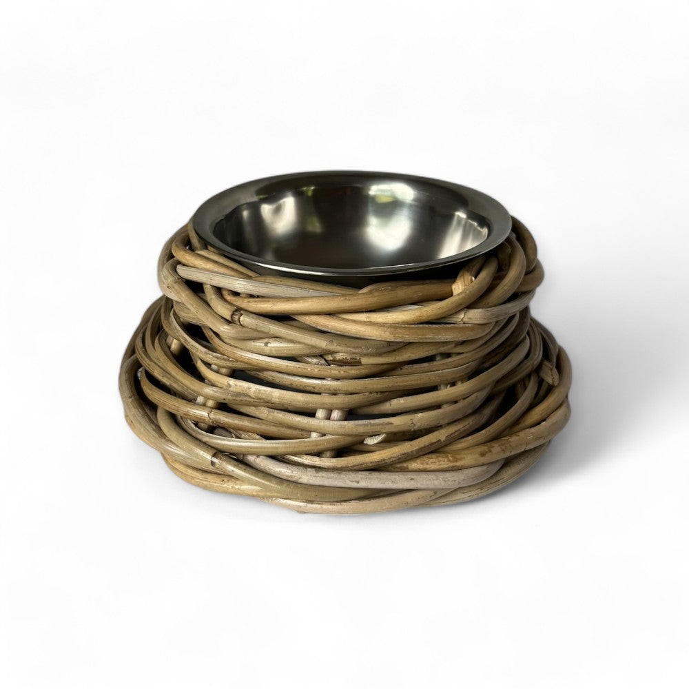 Rattan Pet Bowl with Food-Grade Stainless Steel Bowl