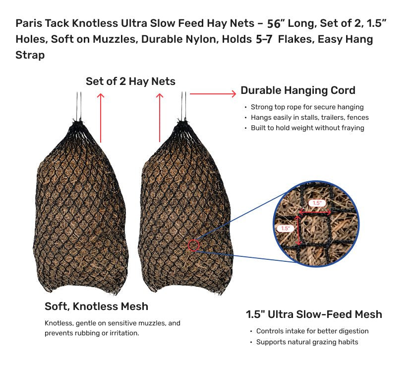 Paris Tack Knotless Ultra Slow Feed Hay Nets – 56” Long, Set of 2, 1.5” Holes, Soft on Muzzles, Durable Nylon, Holds 5–7 Flakes, Easy Hang Strap