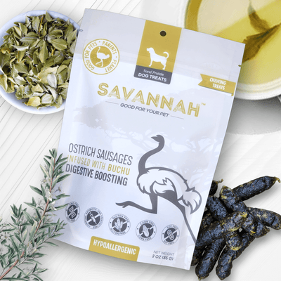 Ostrich Sausages with Buchu (3oz): The Delicious, Digestive-Supporting Treat for Dogs