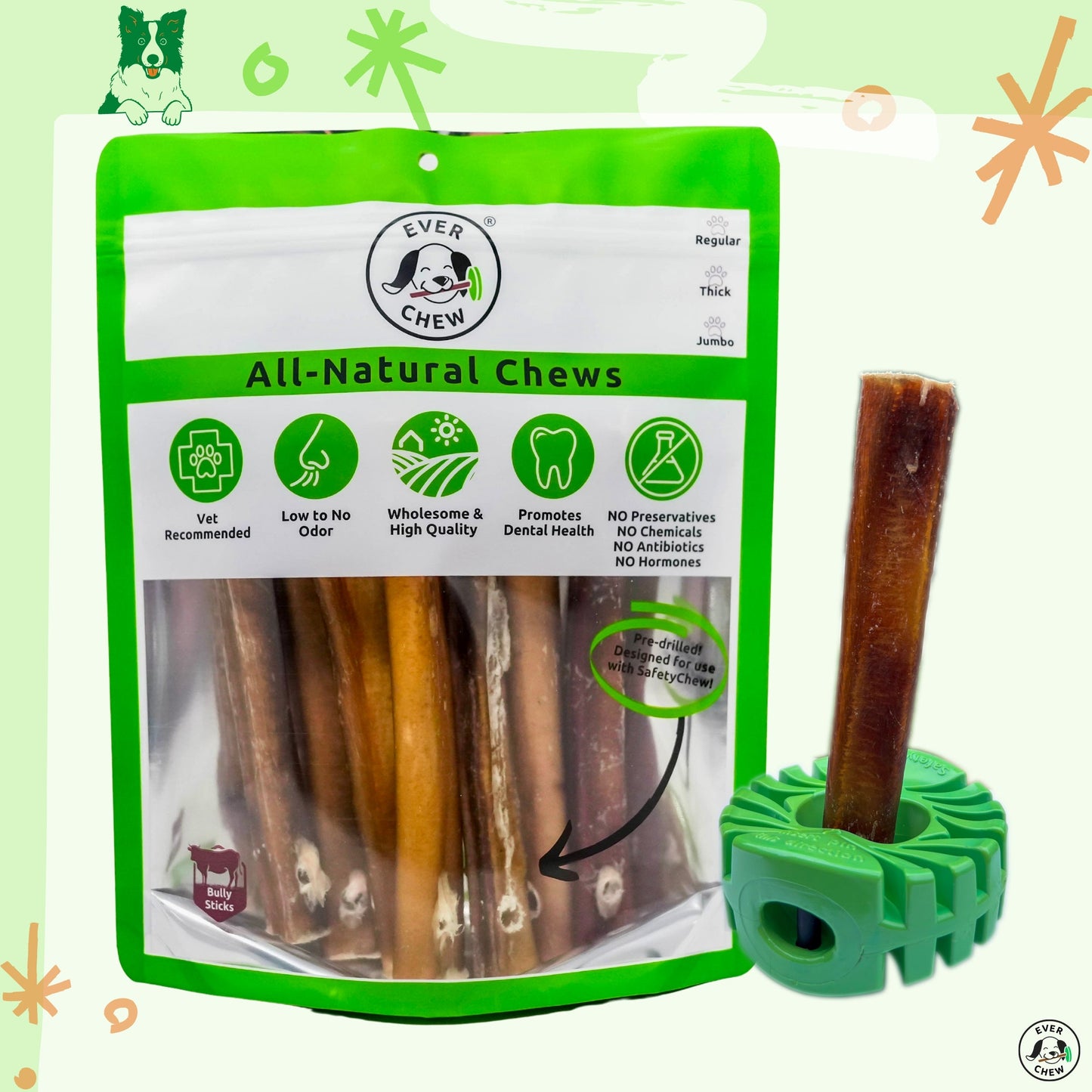 SafetyChew+ Medium Dog Starter Pack: Heavy-Duty Bully Stick Holder & All-Natural Bully Sticks for Dogs 16-39+lbs