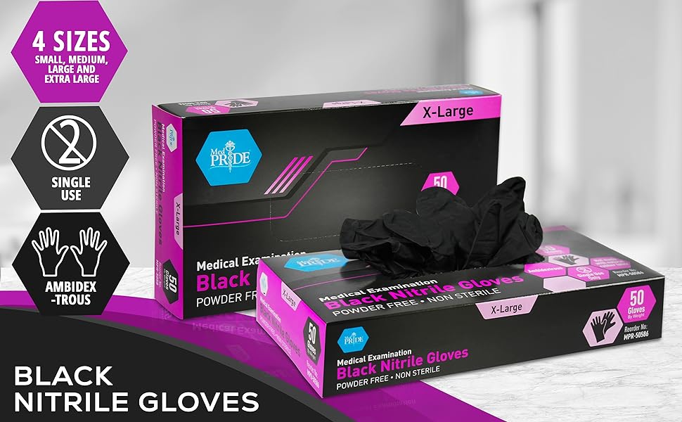 MedPride Black Nitrile Exam Gloves Powder Free Non Sterile - 4 Mil Thick- 50 Gloves / Case of 20 (1000 count)