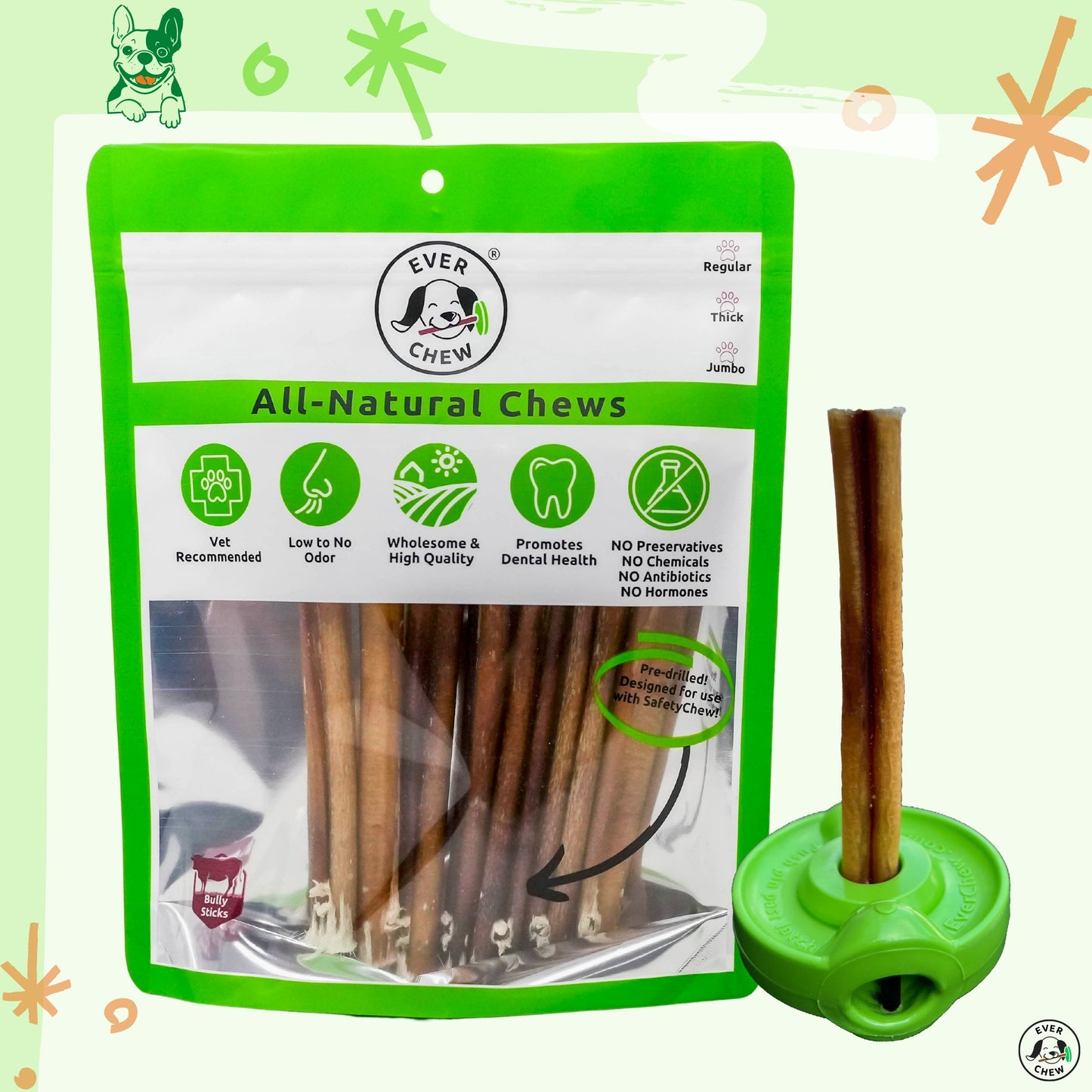 SafetyChew Small Dog Starter Pack: Pin-Lock Bully Stick Holder +  All-Natural Bully Sticks for Dogs Under 16lbs