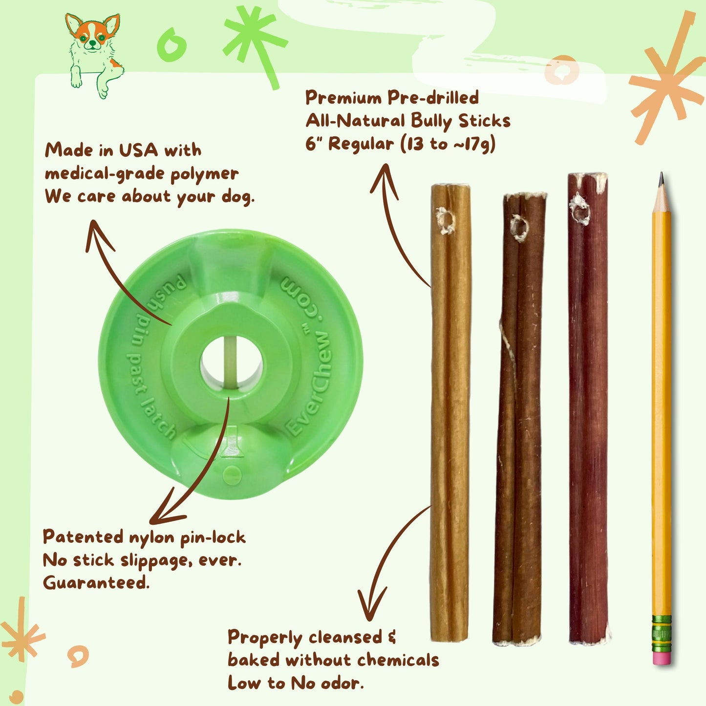 SafetyChew Small Dog Starter Pack: Pin-Lock Bully Stick Holder +  All-Natural Bully Sticks for Dogs Under 16lbs