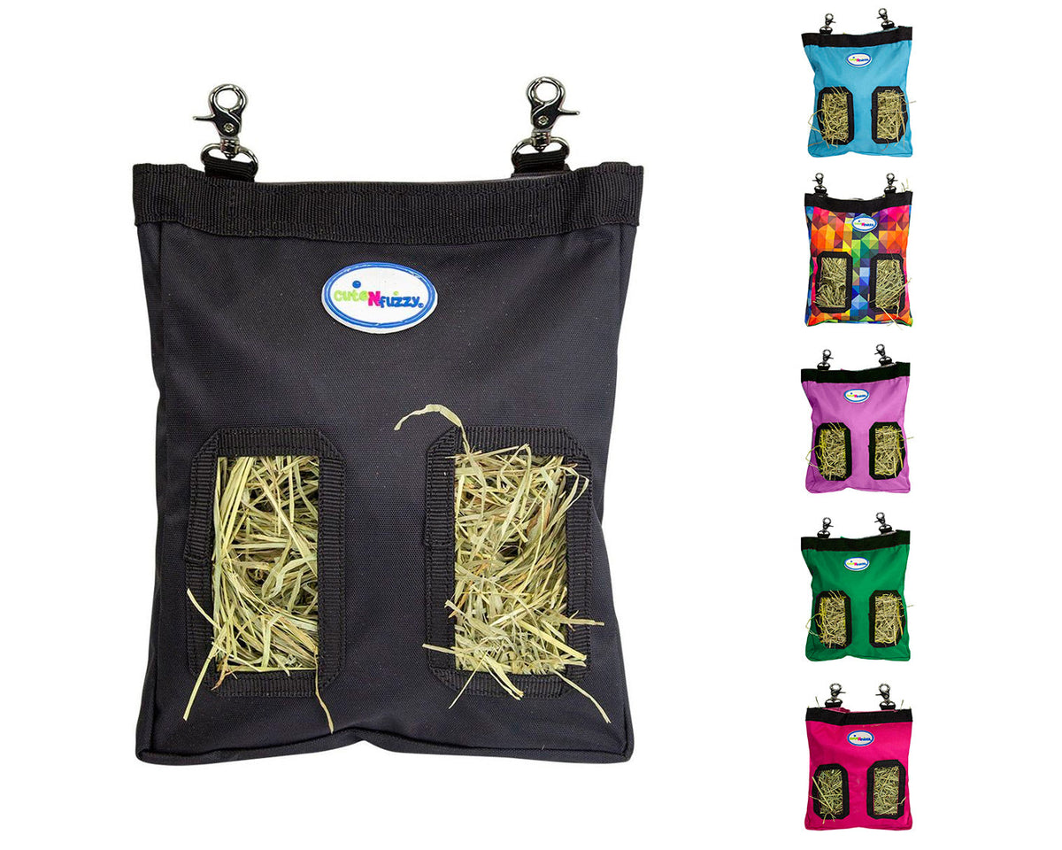 CuteNfuzzy 2-Opening Hay Bag for Rabbits, Guinea Pigs & Chinchillas, Compact Hanging Hay Feeder, 9" x 11" x 1.5", Helps Reduce Hay Waste & Cage Mess, 6-Month Warranty
