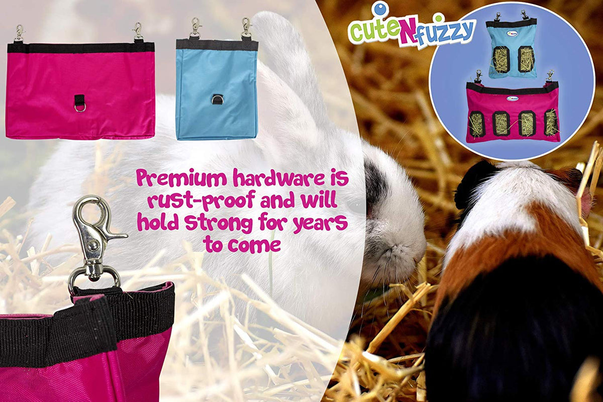 CuteNfuzzy 2-Opening Hay Bag for Rabbits, Guinea Pigs & Chinchillas, Compact Hanging Hay Feeder, 9" x 11" x 1.5", Helps Reduce Hay Waste & Cage Mess, 6-Month Warranty