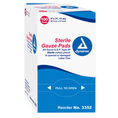 Dynarex Gauze Pad - Sterile 1's, 2" x 2" 12 Ply, 100ea/bx, 24bxs/cs (2400 Count)