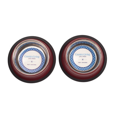 Country Living Ribbed Non-Slip Pet Bowls, Set of 2 – Merlot Red