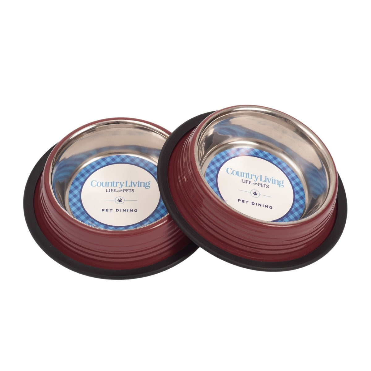 Country Living Ribbed Non-Slip Pet Bowls, Set of 2 – Merlot Red