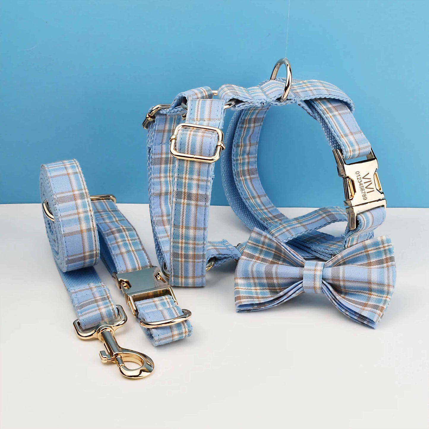 Dog Collar Leash Harness Set, Blue Plaid