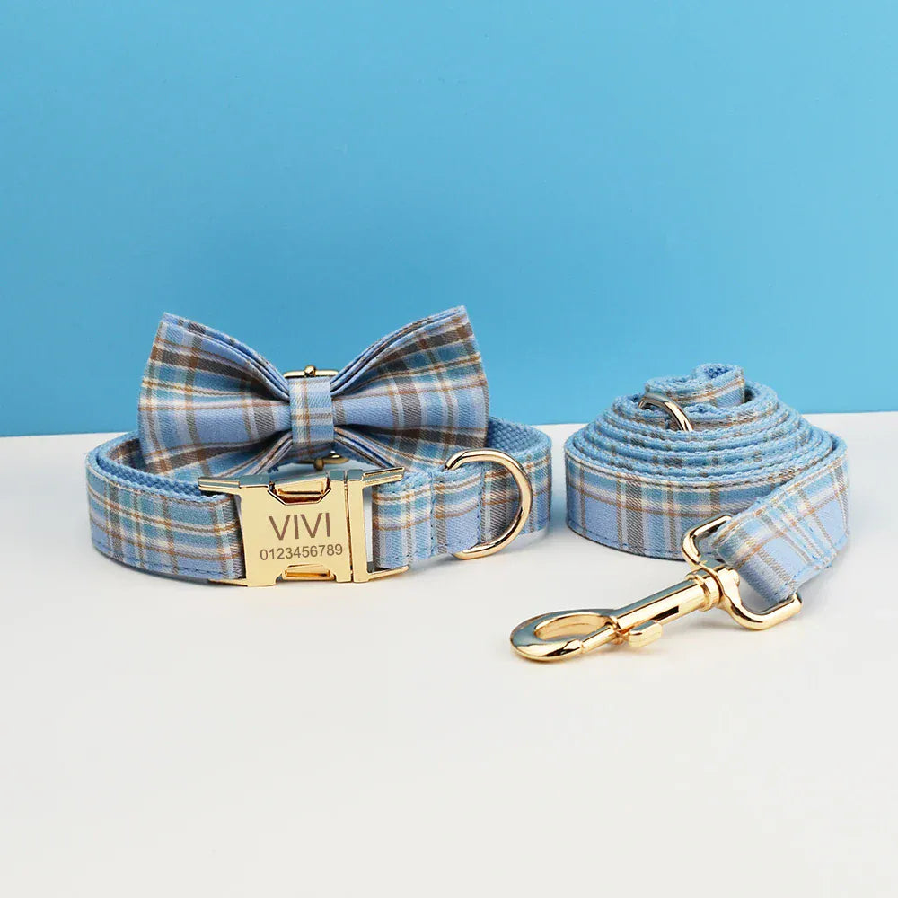 Dog Collar Leash Harness Set, Blue Plaid
