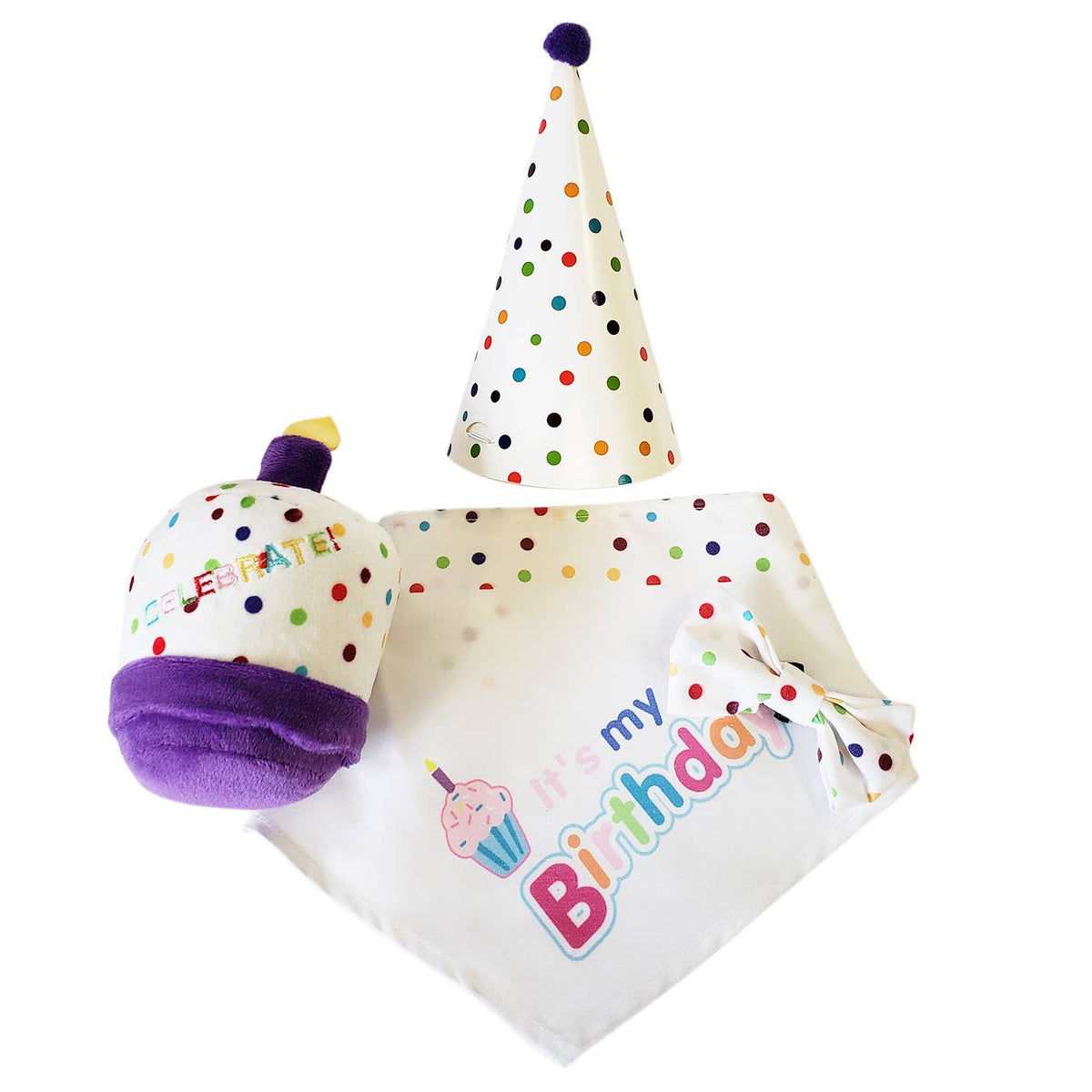 4-Piece Dog Birthday Kit with Bandana, Hat, Bow Tie & Plush Cake Toy