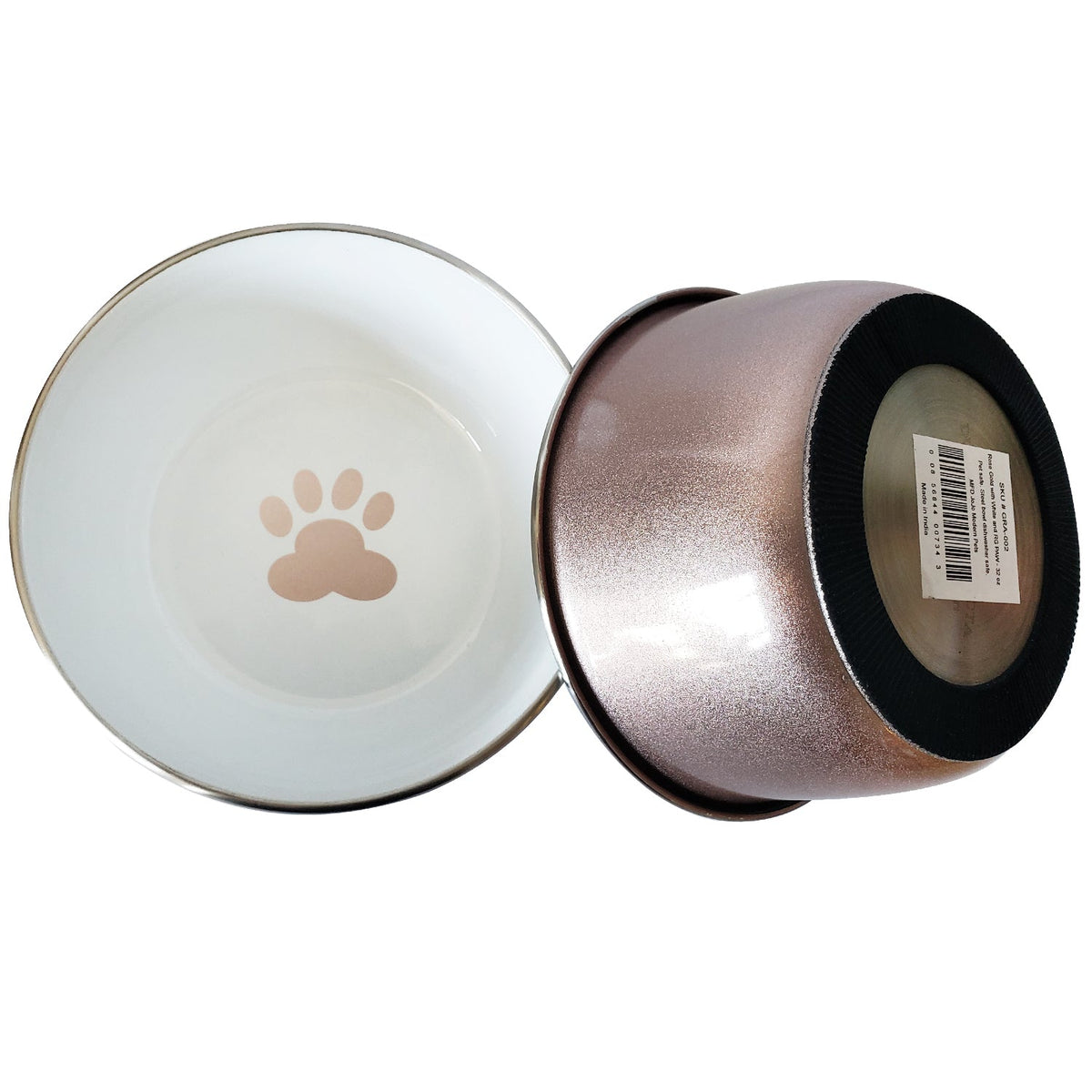 Deep Stainless Steel Dog Bowl with Paw Print Design – Rose Gold
