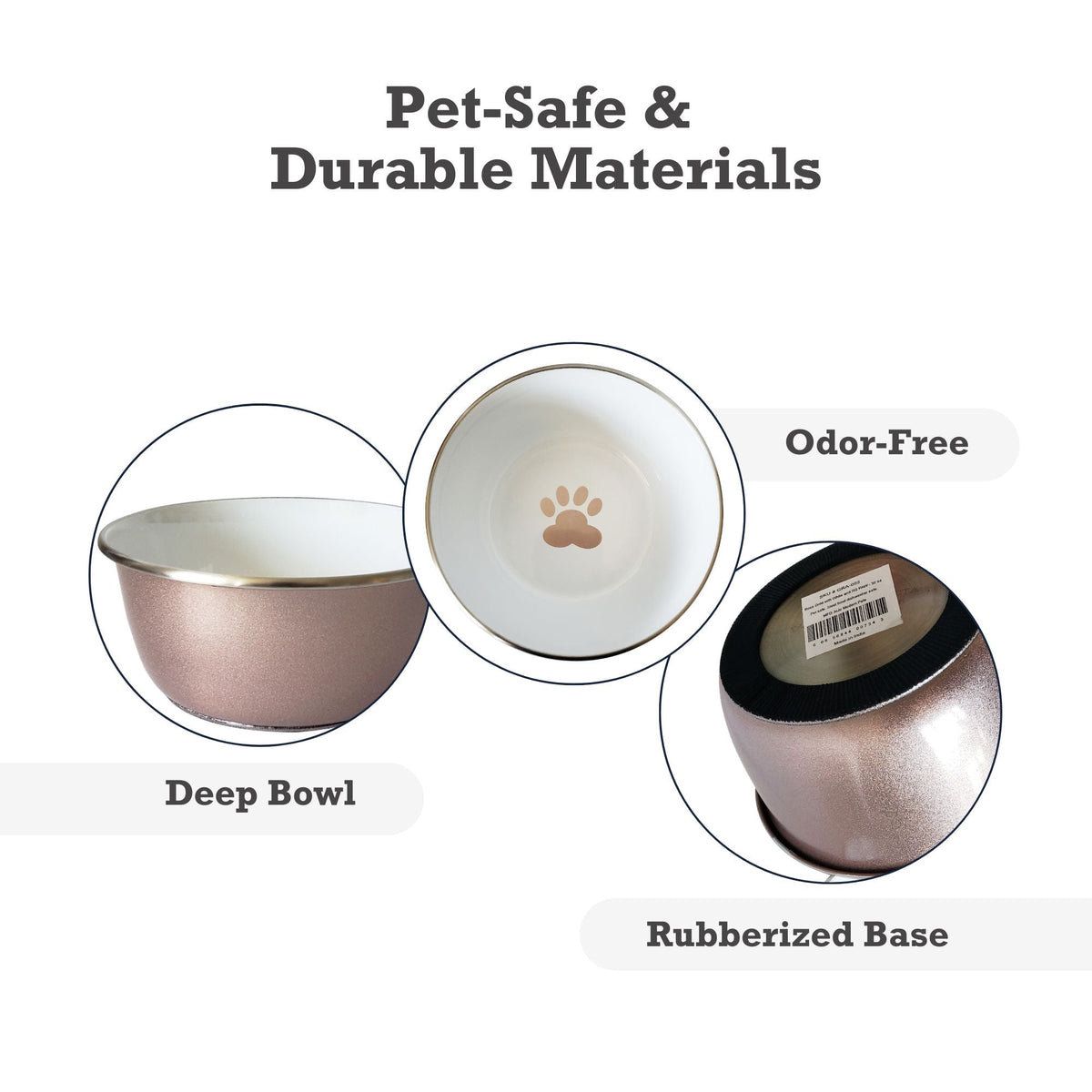 Deep Stainless Steel Dog Bowl with Paw Print Design – Rose Gold