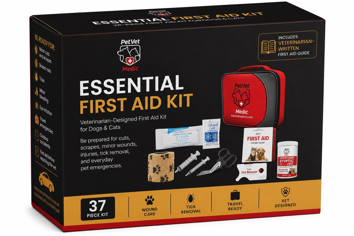 PetVet Medic® Essential Pet First Aid Kit-37 piece Dog & Cat Emergency Kit with Veterinarian-Curated Supplies & First Aid Guide