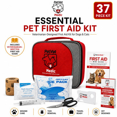 PetVet Medic® Essential Pet First Aid Kit-37 piece Dog & Cat Emergency Kit with Veterinarian-Curated Supplies & First Aid Guide