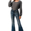 Grace in LA Women's Western Aztec Embellished Mid Rise Flare Jeans