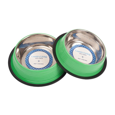 Country Living Ribbed Stainless Steel Dog Bowls, Non-Slip, Set of 2 – Irish Green