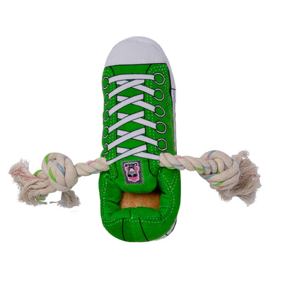 Green Squeaky Plush Sneaker Dog Toy with Rope & Treat Compartment