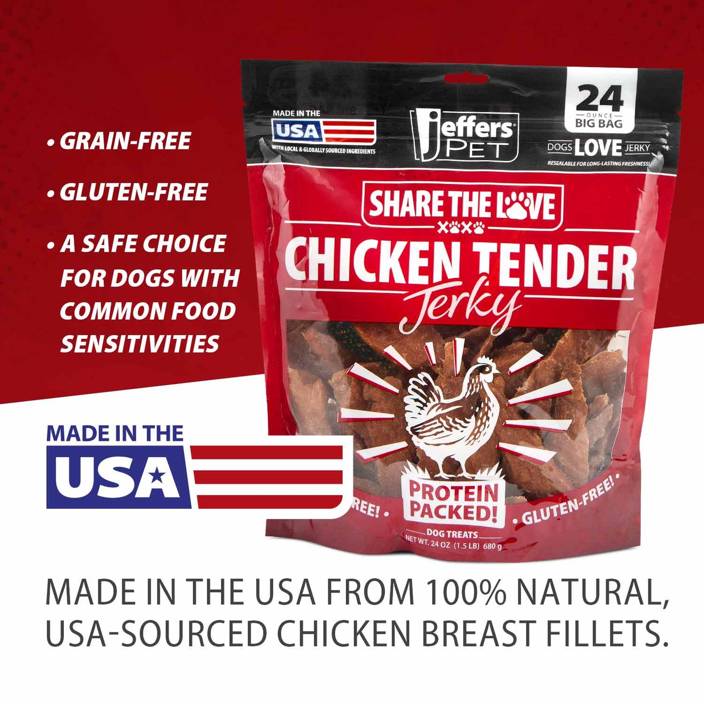Jeffers Chicken Jerky Healthy Dog Treats, 24 oz - 100% Natural, Grain-free, Gluten-free, Made in USA