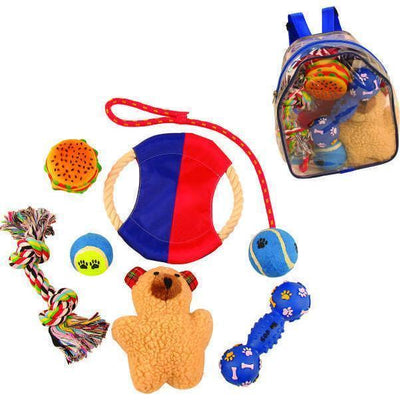 Pet Life ® 'Backpack' 8 Piece Jute Rope and Rubberized Squeak Chew Pet Dog Toy Gift Set