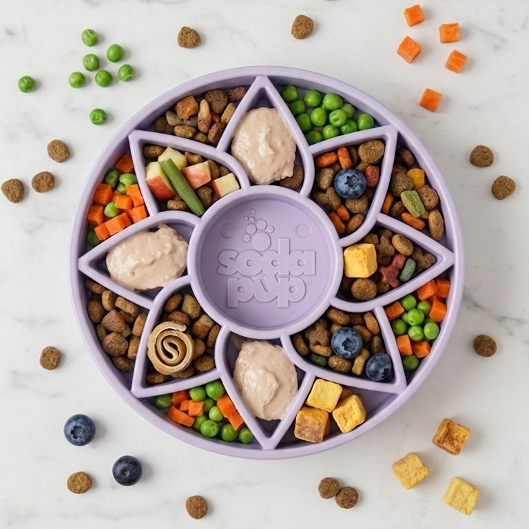 Sunflower Softie eTray Slow Feeder Dog Bowl | Soft Shallow Lick Mat | Yellow & Purple | USA Made