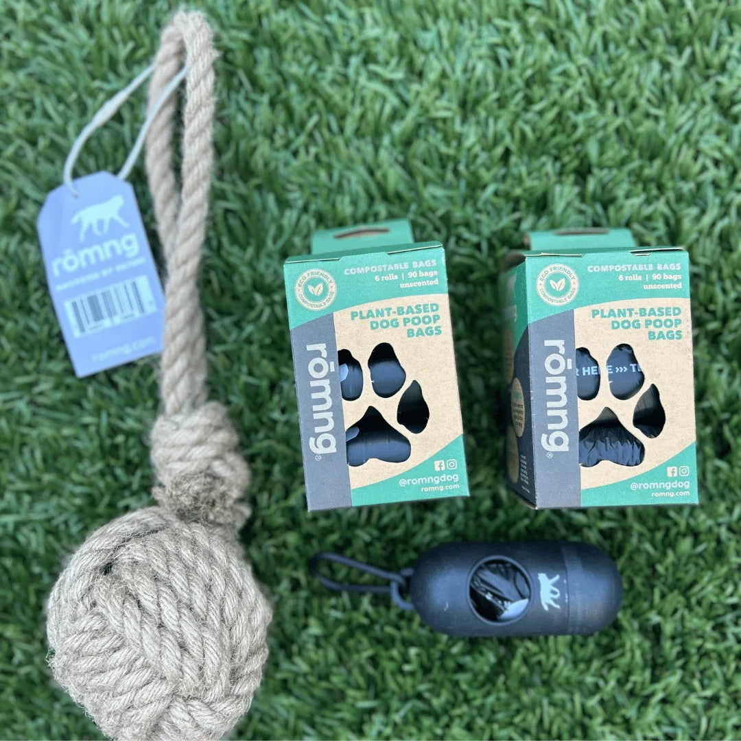 Compostable Poop Bags + Bamboo Dispenser + Hemp Rope Tug Toy Bundle (195 Bags)